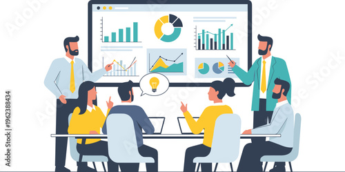 Business people discussing graphs and charts on screen in colorful flat design for corporate presentation