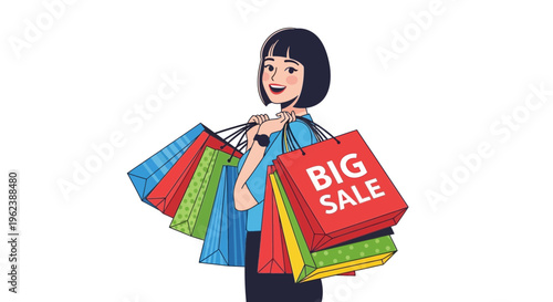 Shopping, sale, woman with colorful bags, big sale shopping spree, retail therapy