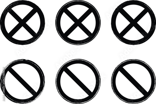 Six black prohibition symbols on a white background