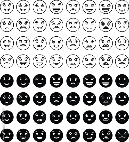 A collection of 40 unique emoticon faces in black and white