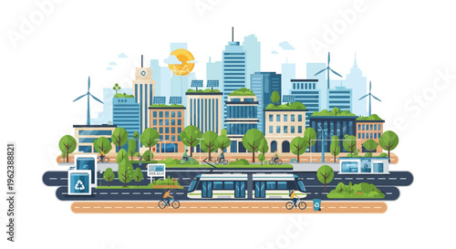Green Smart City with Sustainable Infrastructure and Eco-Friendly Lifestyle - Modern Urban Environment Illustration