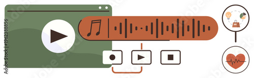 Media design, audio playback, user interface, health monitoring, audio technology, lifestyle integration. Visual of a media player with icons for controls and sound waves. Media design and audio