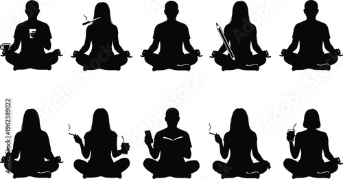 Meditating people silhouettes holding coffee, tea and cigarettes, modern lifestyle and relaxation concept set isolated on white background, calm mindfulness with everyday habits illustration