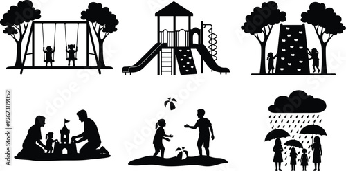 Children playground and family activity silhouettes set, kids playing, parenting and outdoor lifestyle scenes isolated on white background, childhood and family bonding concept illustration
