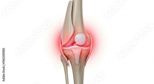 A medical illustration of a human knee joint with highlighted inflammation and pain.
