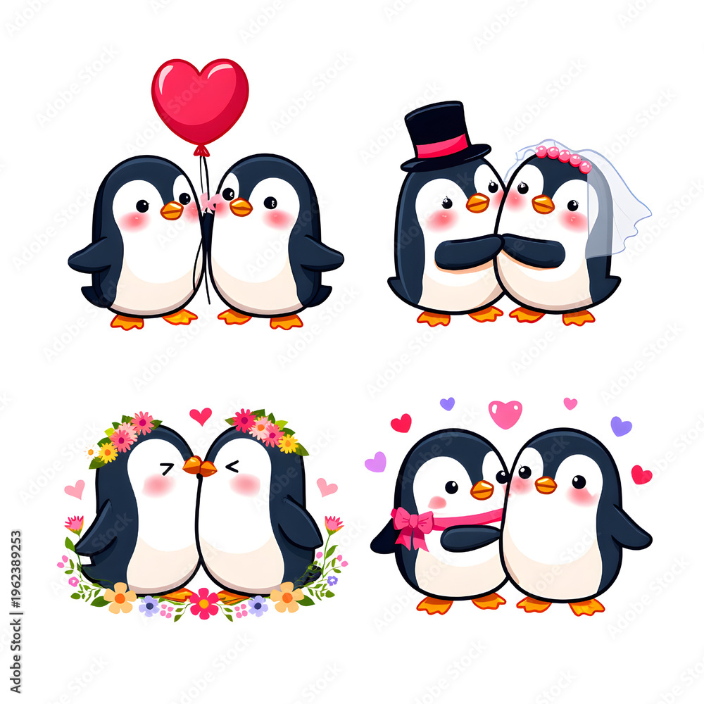 Fototapeta premium Four penguins in love scenarios isolated on transparent background