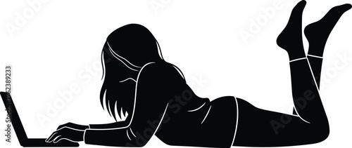 Silhouette of young woman lying on floor using laptop computer for remote work or study isolated on white background,