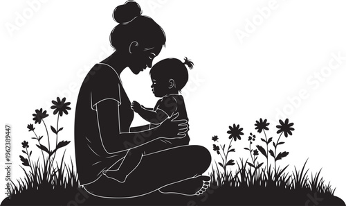 A tender moment between a caregiver and a child amidst nature's embrace isolated on transparent background, Vector