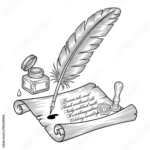 Vintage quill pen and inkwell on parchment with wax seal and stamp