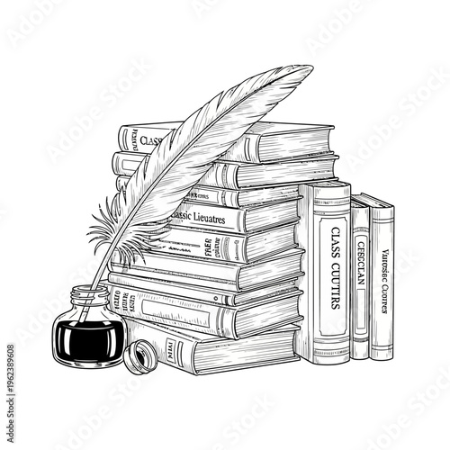 Vintage Quill Pen and Inkwell Beside Stack of Old Books, Symbolizing Knowledge and Literature