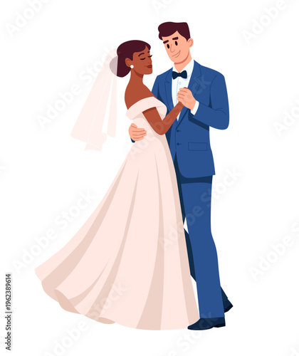 Wedding Ceremony. Newlyweds Dance Their First Wedding Dance. Happy Just Married Couple Dancing Together Full-length Isolated on a White Background. Flat Vector Illustration.