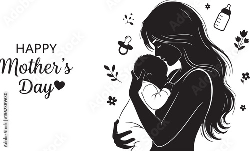 Mother holding baby illustration celebrating mother’s day with heartfelt symbols around isolated on transparent background, Vector