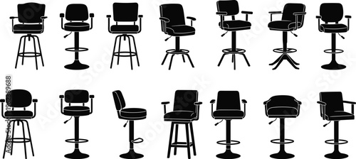 Bar stool silhouettes collection, modern swivel chairs set, pub seating furniture vector illustration, adjustable barstools design, interior decor icons