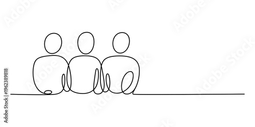 Minimalist continuous line drawing of three people standing together as a team or group