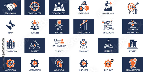 Business icon set featuring teamwork leadership success goal setting and partnership concepts with modern flat vector symbols for corporate management.