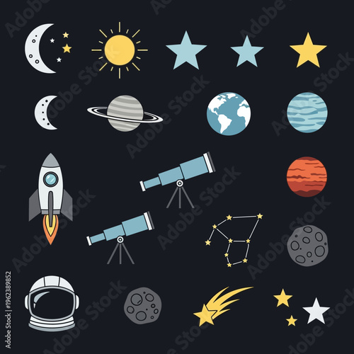 Space Exploration Icons: Planets, Rocket, Astronaut, Telescope, Stars, Moon, Sun