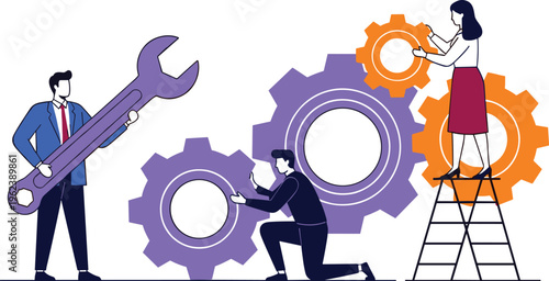 Business team working together with giant gears and wrench for technical support maintenance and corporate project problem solving vector illustration.