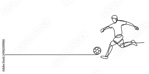 Continuous one line drawing of a soccer player running and kicking a ball on white background