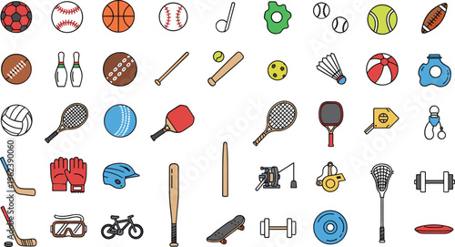 Collection of colorful sports icons and equipment on white background