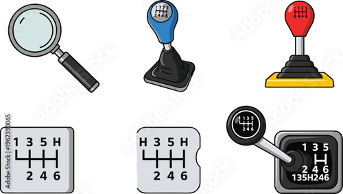 manual, gear, shift, knob, transmission, pattern, car, automotive, shifter, lever, gearbox, driving, control, vehicle, speed, stick, mechanic, equipment, icon, illustration