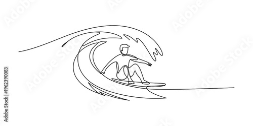 Continuous line drawing of a surfer riding a large ocean wave in a minimalist style