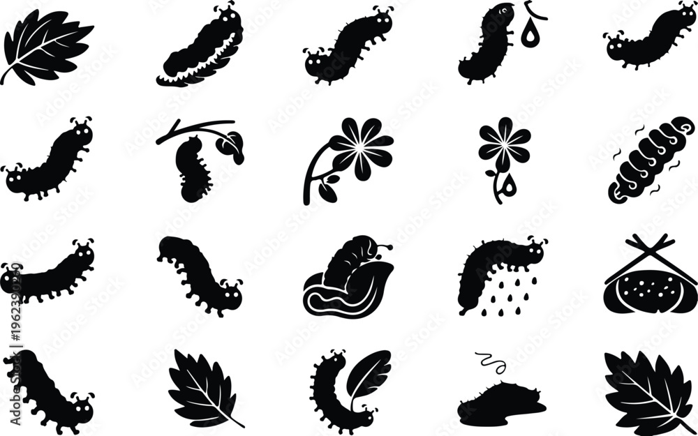 Fototapeta premium Caterpillar Silhouette Icon Collection Set