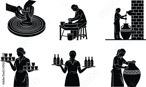 Pottery making silhouettes set, ceramic artist crafting clay, traditional workshop process, artisan people vector illustration, pottery wheel, handmade craft