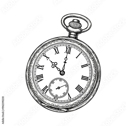 Vintage Pocket Watch Drawing, Antique Timepiece Illustration, Retro Accessory