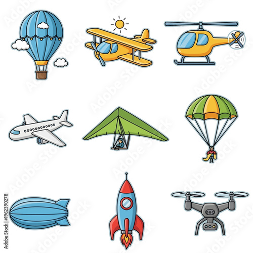 Collection of cartoon aircraft and flying vehicles