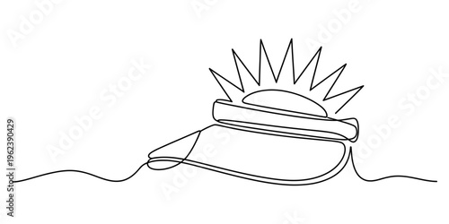 Continuous line drawing of a military tank with a rising sun in the background