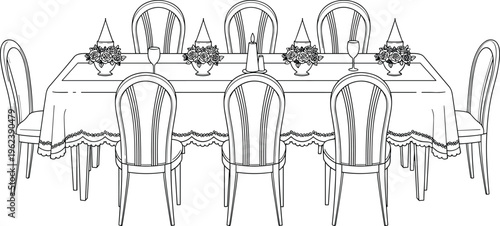Elegant Long Banquet Table Line Art Illustration with Floral Centerpieces Candles and Chairs for Formal Wedding Dinner or Party Coloring Page