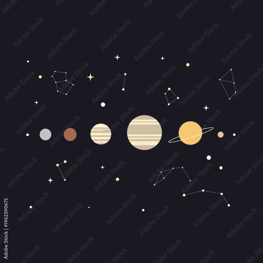 Fototapeta premium Solar System Planets and Constellations on Dark Background