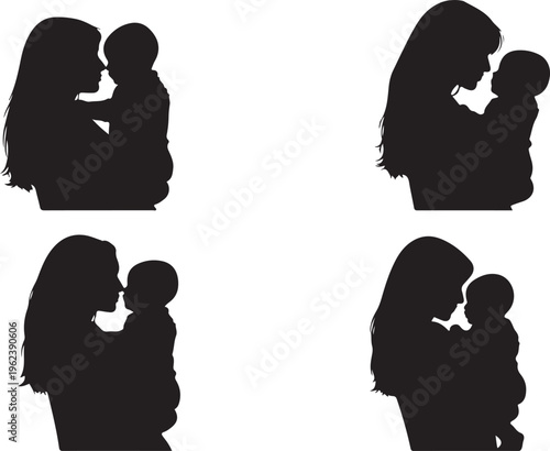 Four silhouettes of mothers tenderly embracing their children in different poses isolated on transparent background, Vector