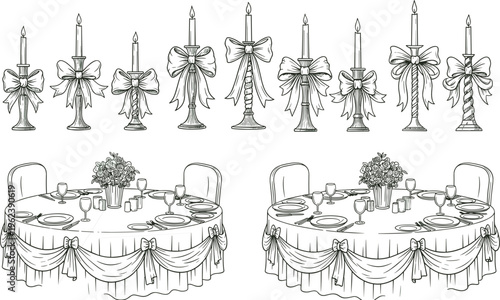 Elegant Wedding Banquet Tables and Decorative Ribbon Candles Line Art Vector Illustration for Formal Event Decor and Creative Coloring Book Page
