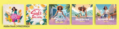 Set of Summer sale  social media posts, banner, ads template bundle with summer fashion outfit women illustration collections for  special summer offer promotion advertising vector template bundle