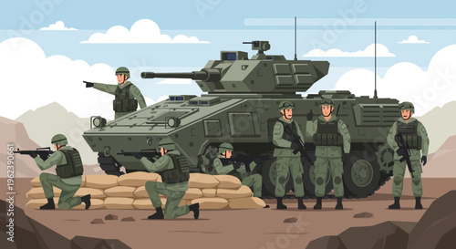 Military soldiers with armored vehicle in desert landscape, tactical operation