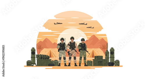 Military soldiers standing in desert camp with aircraft flying overhead at sunset