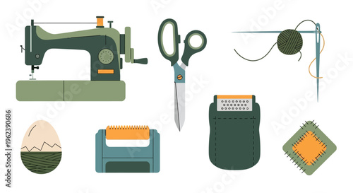 Sewing and Crafting Tools Flat Illustration Set. Tailoring Essentials with Machine, Scissors, Needle, Yarn, and Patch Elements