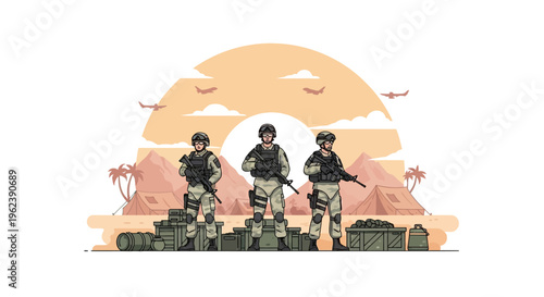 Military Soldiers Standing Guard in Desert Camp with Supplies and Aircraft Overhead