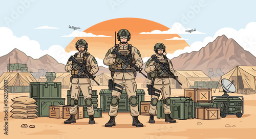 Military Soldiers Standing Guard in Desert Camp with Aircraft and Supplies