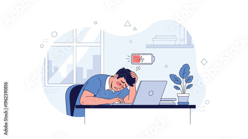 Tired employee feeling burnt out at a desk with a laptop and a red low battery symbol indicating stress and lack of mental energy.