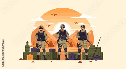 Military Soldiers Standing Guard in Desert Camp with Aircraft Flying Overhead