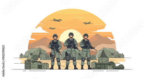 Military Soldiers Standing Guard at Sunset with Fighter Jets Flying Overhead