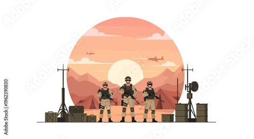 Military Soldiers Standing Guard at Desert Outpost with Sun and Airplanes