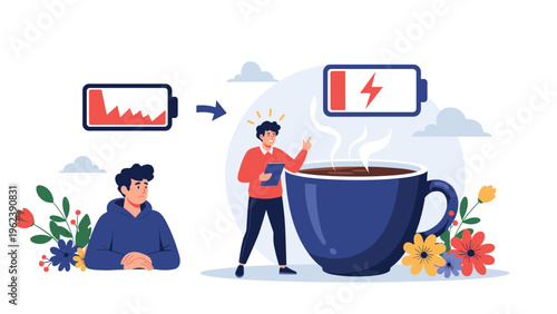 Humorous illustration showing a man gaining sudden energy after drinking a large cup of coffee representing a caffeine boost.