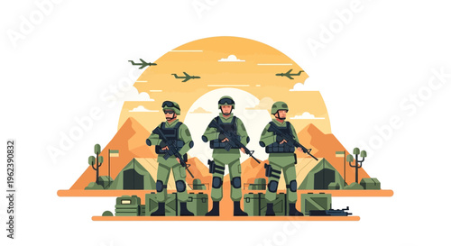 Military Soldiers Standing Guard at Desert Camp with Airplanes Flying Overhead