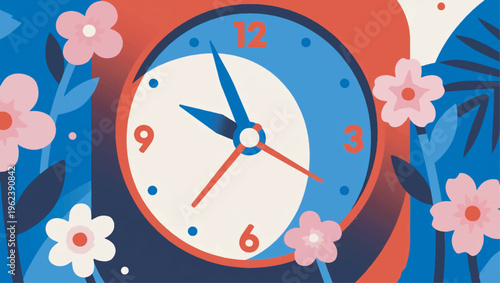 Illustration Of A Clock Face Surrounded By Flower Petals And Moving Hands Vector Design Template