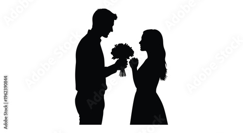 Romantic silhouette of a man proposing to a woman with a bouquet of flowers on a white background