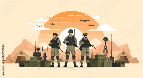 Military soldiers standing guard at desert base with aircraft flying overhead at sunset