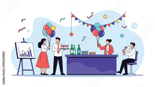 Joyful corporate team celebrating a business milestone with food and drinks around a buffet table at a professional office party.